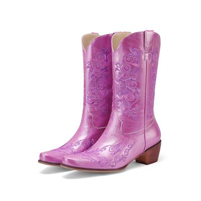 Embroidered Western Short Booties Women Cowboy Cowgirl Mid Calf Boots Fashion Block Heels Square Toe Slip On Winter Autumn Shoes
