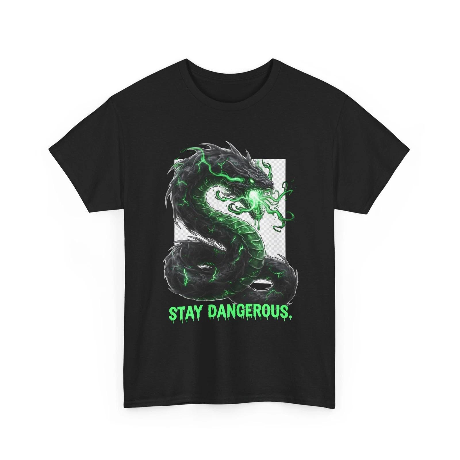 Green Dragon T-Shirt Stay Dangerous, Neon Smoke, Cool 3D T-Shirt Cotton, Gift S