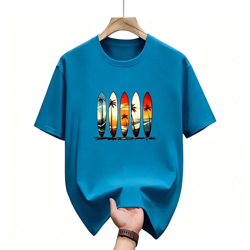Summer American Unisexs Beach Surfboard Sunset Scenery Print Soft and Breathable Round Neck Tshirt Outdoor Casual Top