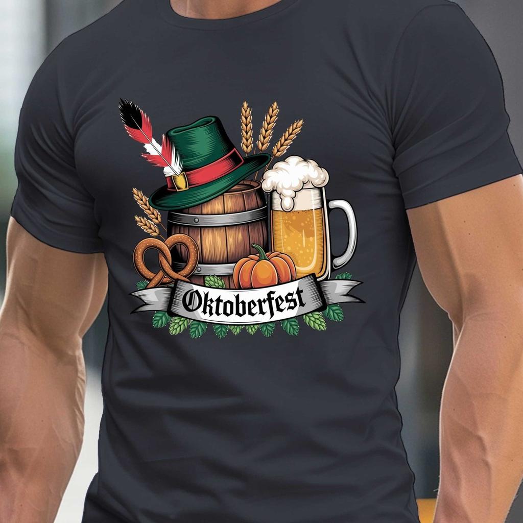 Men Oktoberfest T-Shirt - German Beer Barrel Beer Mug Graphic Tee Crew Neck Summer Shirt for Oktoberfest Parties Men Clothinmg
