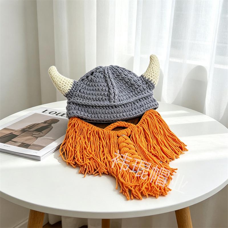 Beliebte Wikingerhornmütze, gestrickte Bartmütze aus Wolle für Damen und Herren, Herbst- und Winter-Handstrickmütze