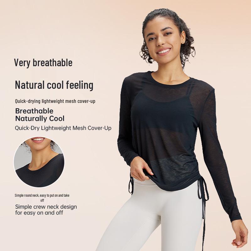 Women's Quick-Dry Mesh Yoga T-Shirt - Breathable, Loose-Fit, Long Sleeve, Drawstring Activewear
