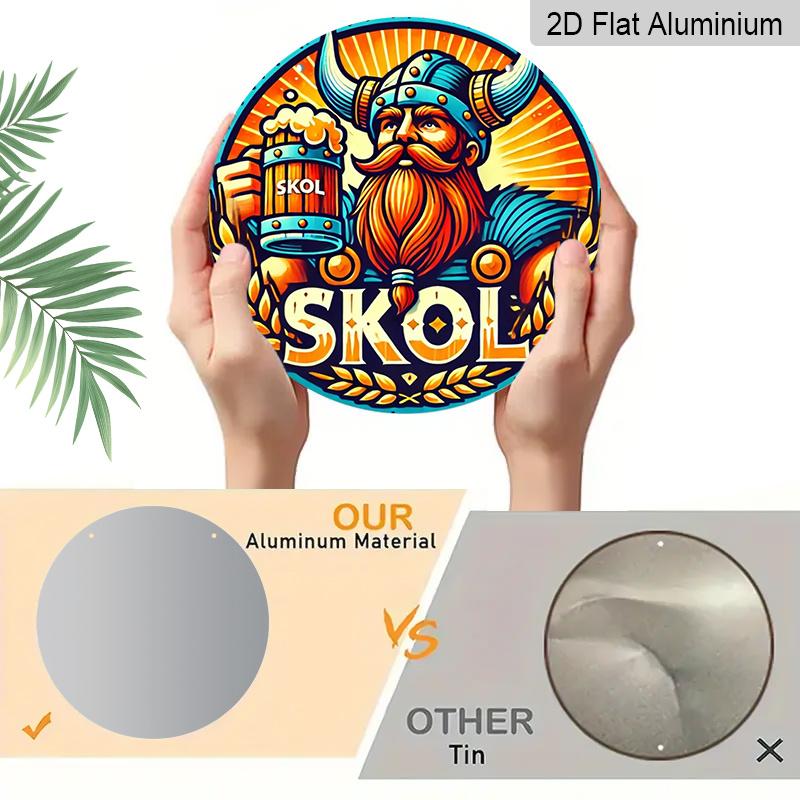 2D Flat 1pc, 8x8 in, Vintage Skol Beer Viking Design Aluminum Metal Decorative Signs & Plaques, Round Door Mount Metal Wall Decor for Bar, Cafe