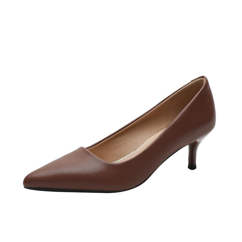 555-8 Nude high heels women's thin heels spring and summer French soft leather pointed temperament professional work shoes