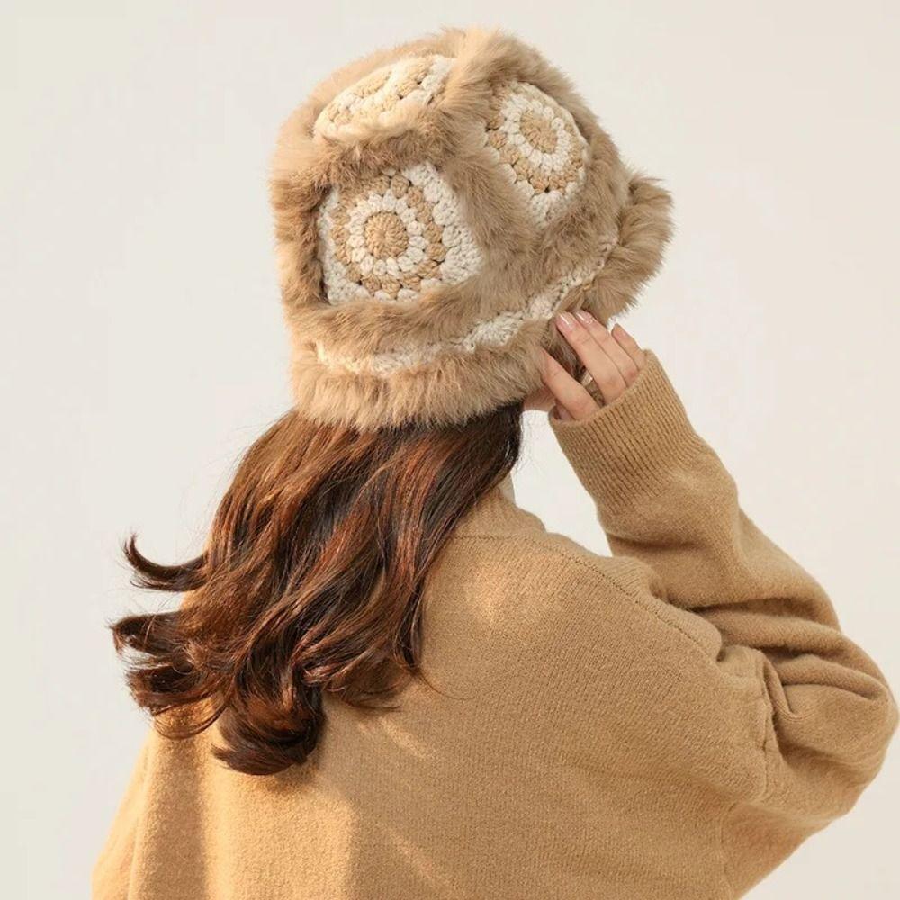 Rabbit Hair Bucket Hat Plush Female Hats Simple Winter Knitted Hat  Skiing