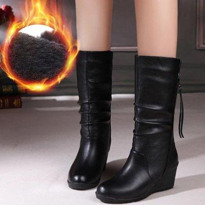 Women's Minimalist Black Mid-Calf Boots Casual Wedge Heel Slip-Resistant Shoes