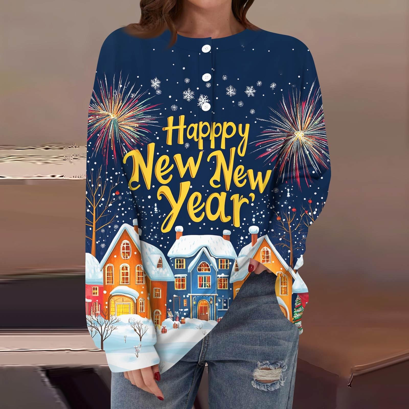 

Женская повседневная мода удобная рождественская футболка с длинным рукавом и круглым вырезом на пуговицах, свободный подол с боковыми разрезами XL