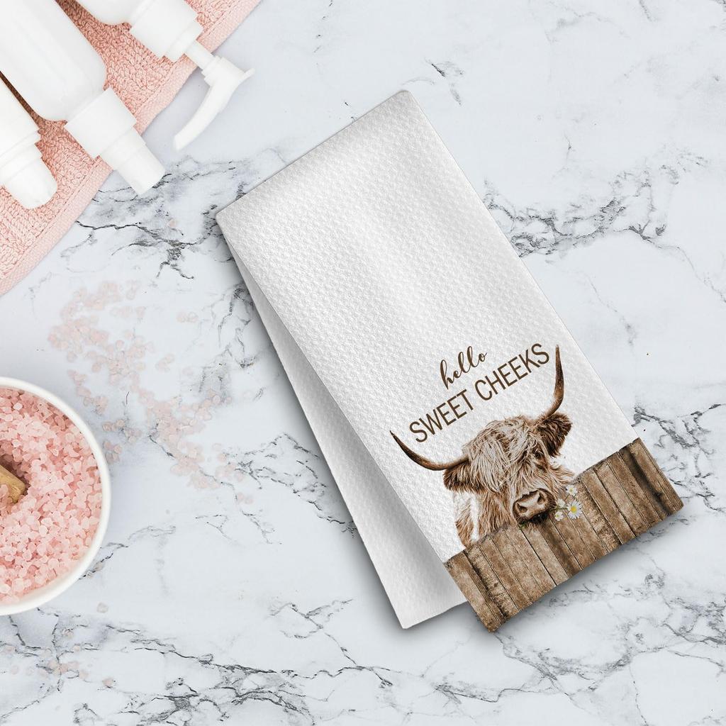 Highland Cow Bathroom Kitchen Towels - Hello Sweet Cheeks Western Bathroom Kitchen Decor,Farmhouse Western Cow Decorative Hand Towels 16x24, Funny