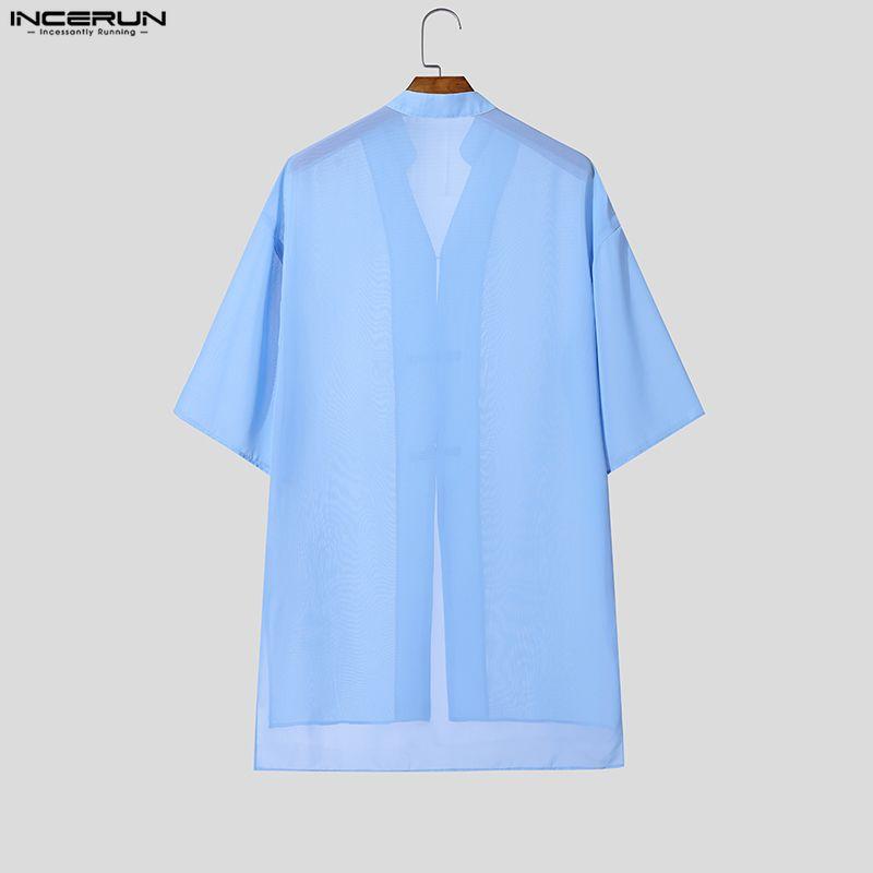 INCERUN Oversized Summer Men 3/4 Sleeve See Through Mesh Sheer Long Shirts Tops