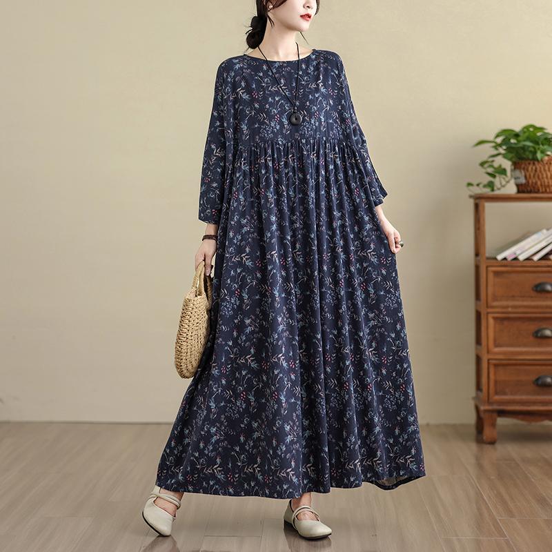 DIMANAF 2025 Damen Übergröße Frühling Langes Kleid Locker Basic Druck Vintage Lässig Floral Oversize Langarm Maxi