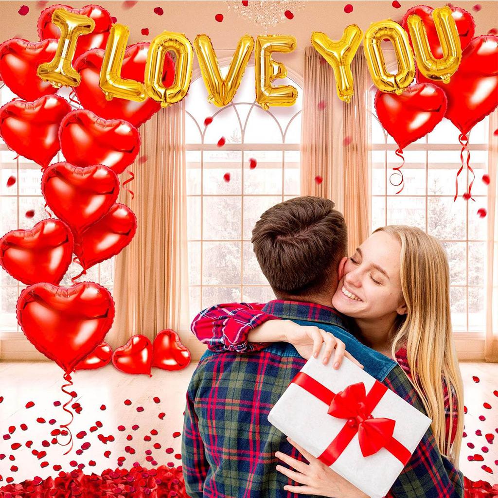 Jag älskar dig ballonger hjärtballonger kit med rosenblad för bröllop, födelsedag, jubileum, fest, alla hjärtans dag-dekorationer
