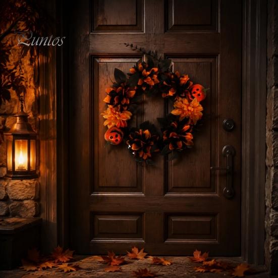 Gotisches Totenkopf-Ornament Halloween-Kranz für Haustür, Künstlicher Herbst-Ahornblatt-Rosen-Kürbis Vollkranz, Herbsternte Hängende Danksagung
