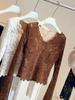 Elegante Top de Patchwork de Terciopelo con Escote en V y Encaje de Manga Larga para Otoño/Invierno