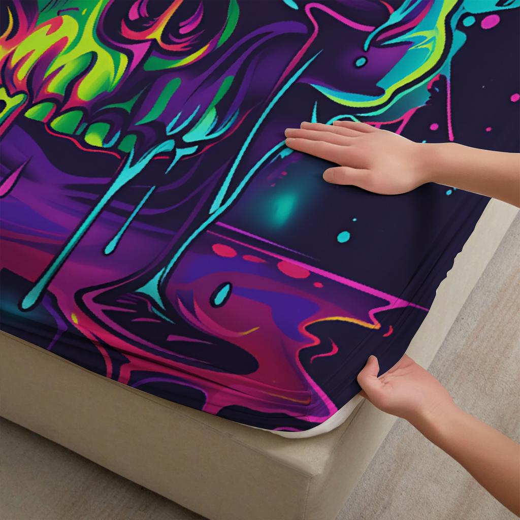 3pcs Fitted Sheet Set Skull 3D Printed Colorful Drip Paint Breathable Easy Care Bed Sheet With Pillowcases For Bedroom Decor