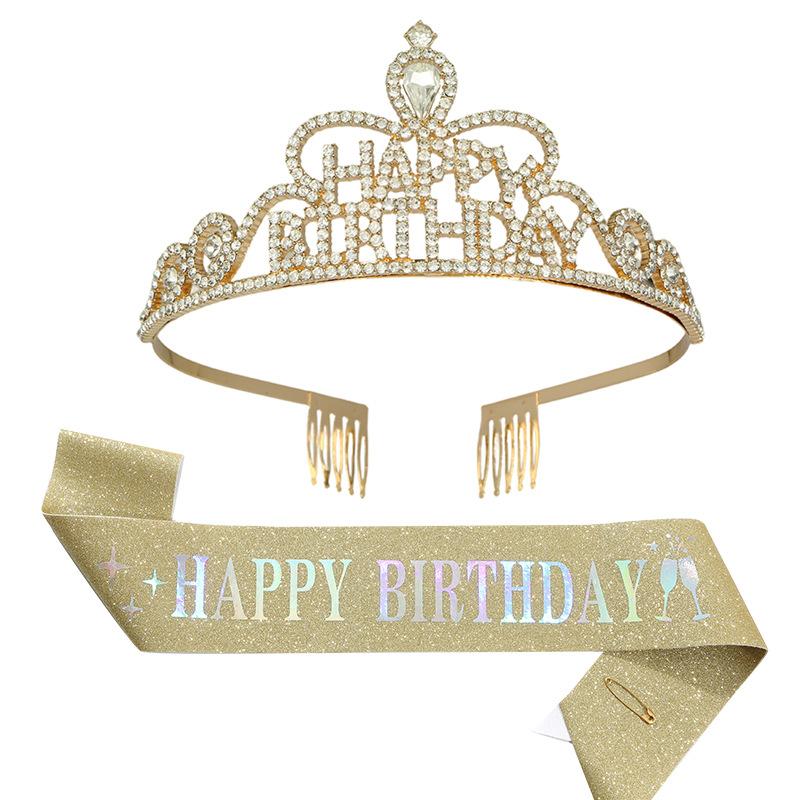 Happy Birthday Party Crown Hair Band Crystal Headwear Hair Accessory Gold Onion Cloth Belt Sash