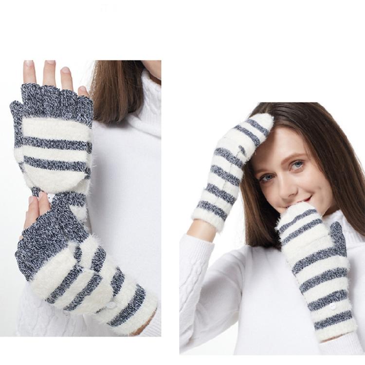 Striped Pattern Glove Plush Fingerless Mittens with Flip Top Knitted Gloves