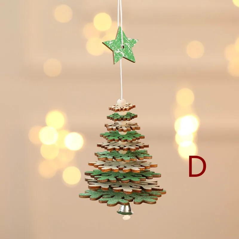 Christmas Wooden Bell Pendant, Creative Five Pointed Star Snowflake Christmas Tree Three-dimensional Small Hanging Decoration