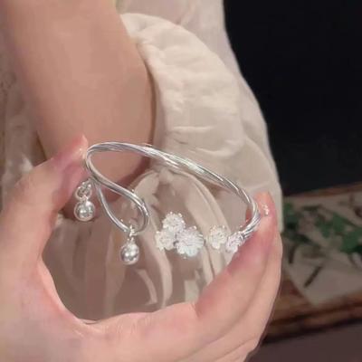 Women Open Cuff Bracelet with Floral Detailing and Pearl Accents Minimalist Adjustable Bangle for Everyday Wear Jewelry