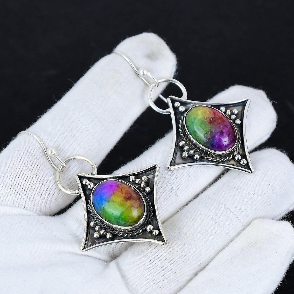 Natural Rainbow Solar Quartz Antique Earrings 925 Sterling Silver Earring, Boho Silver Jewelry Dangle Earrings, Valentine Day Gift