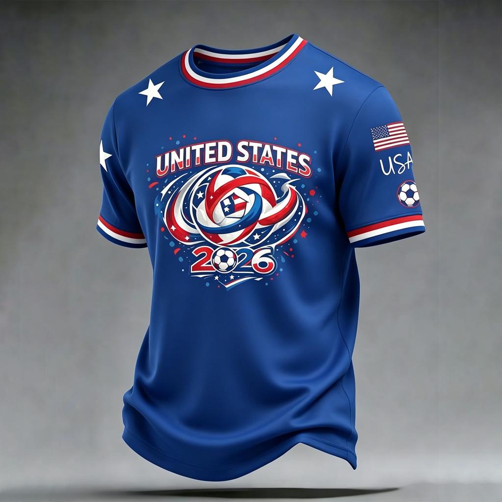 Men's Casual Printed Crew Neck Lightweight Breathable Short Sleeve Shirt Soccer Themed Graphic Design USA Map and Flag Pattern