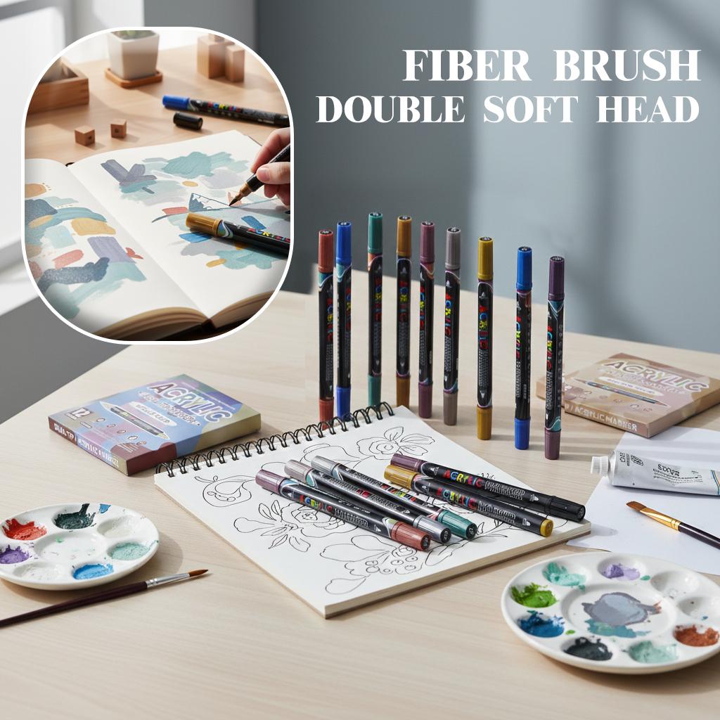 Premium  Direct Liquid Dual Tip Acrylic Marker 12 Colors Brush Soft&Fine Tip Marker Art Painting Pen For Rock Graffiti