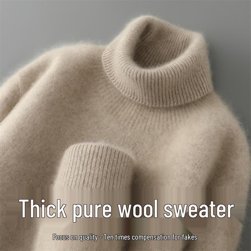 Men's High-Neck 100% Pure Wool Sweater: Thick Long-Sleeve Pullover for Autumn/Winter, Loose Fit Knitted Base Layer.