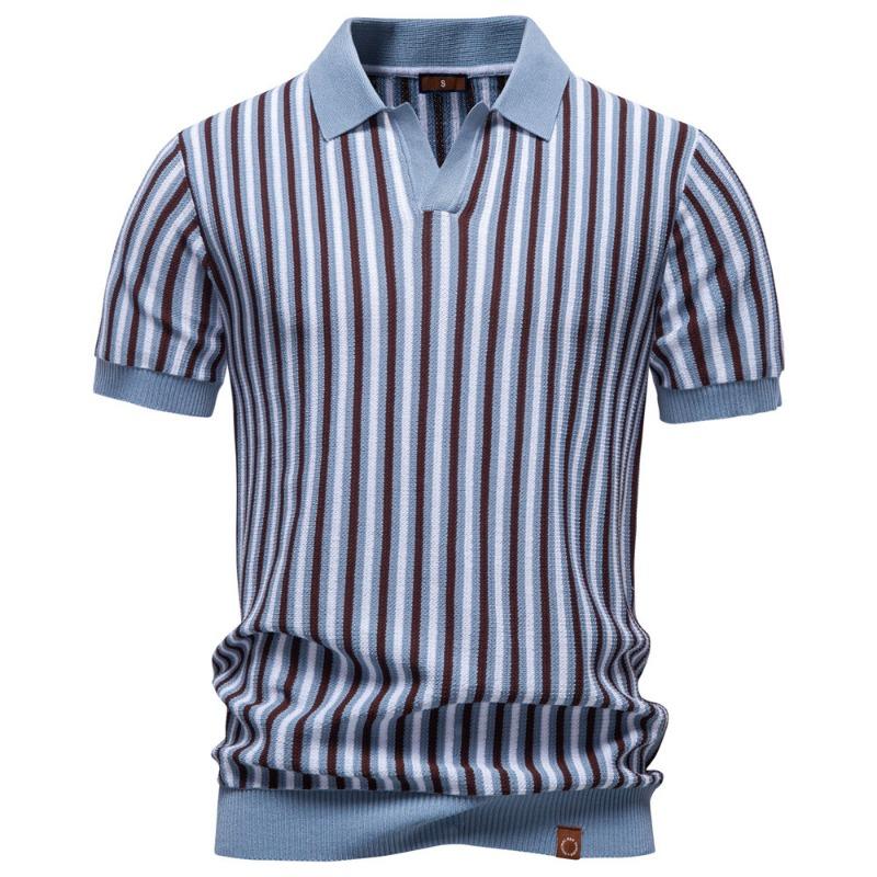 Summer Men's Striped Knit Polo Shirt Short Sleeve Casual Top