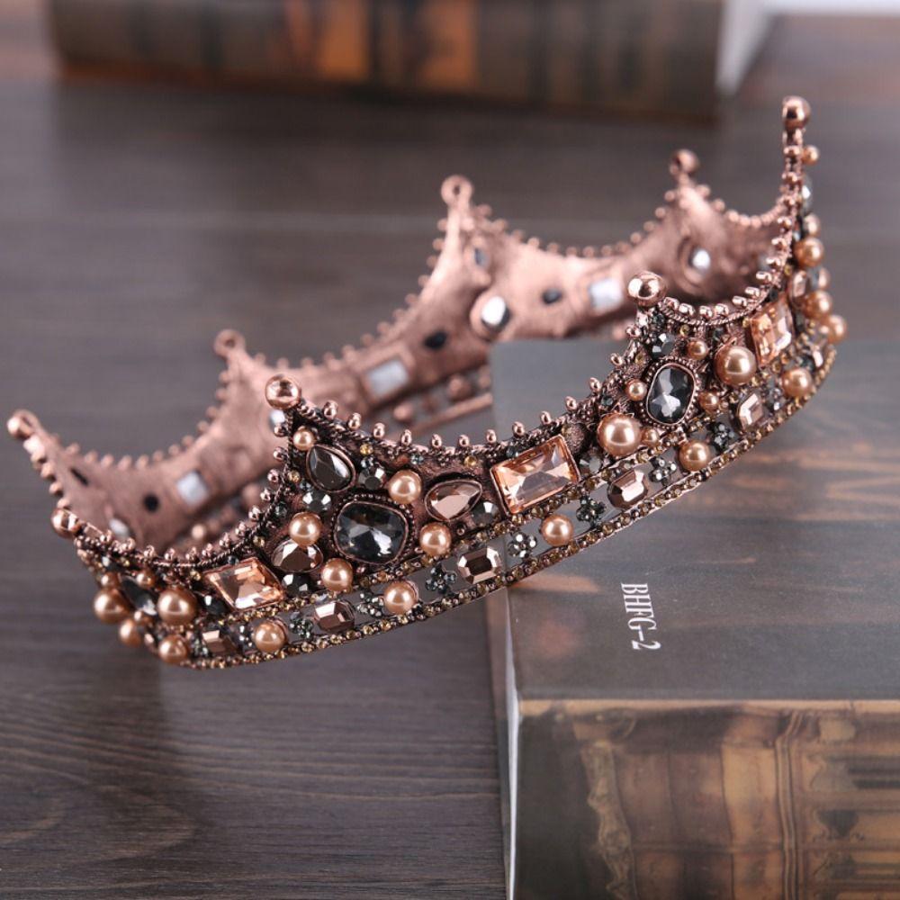 Round Shape Vintage Baroque Crown Pearl Wedding Hair Jewelry Crystal Crown for Women  Pageant Event