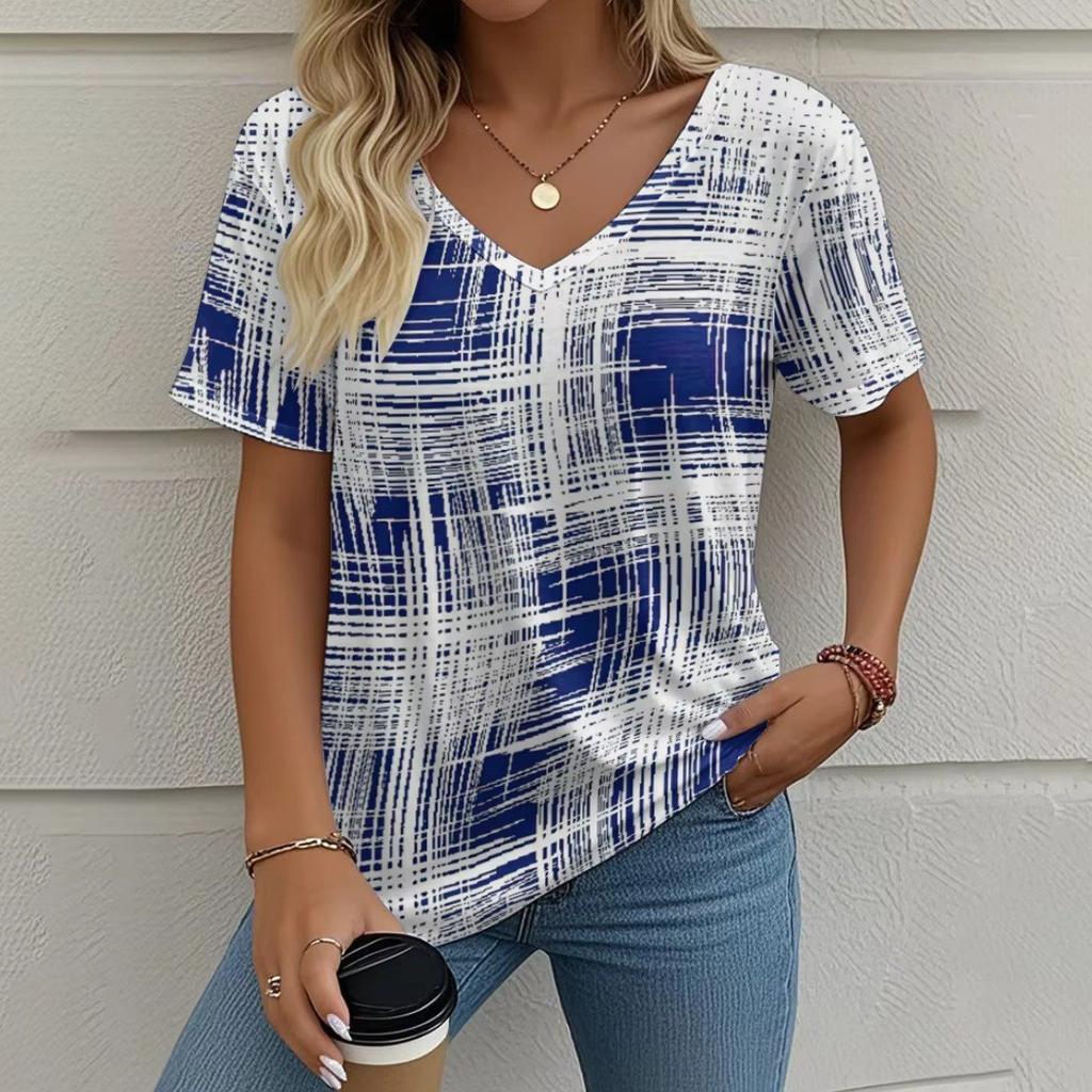 Summer V-neck 3D Color Blocking Printed Top Fashionable Casual Short Sleeved Women's T-shirts