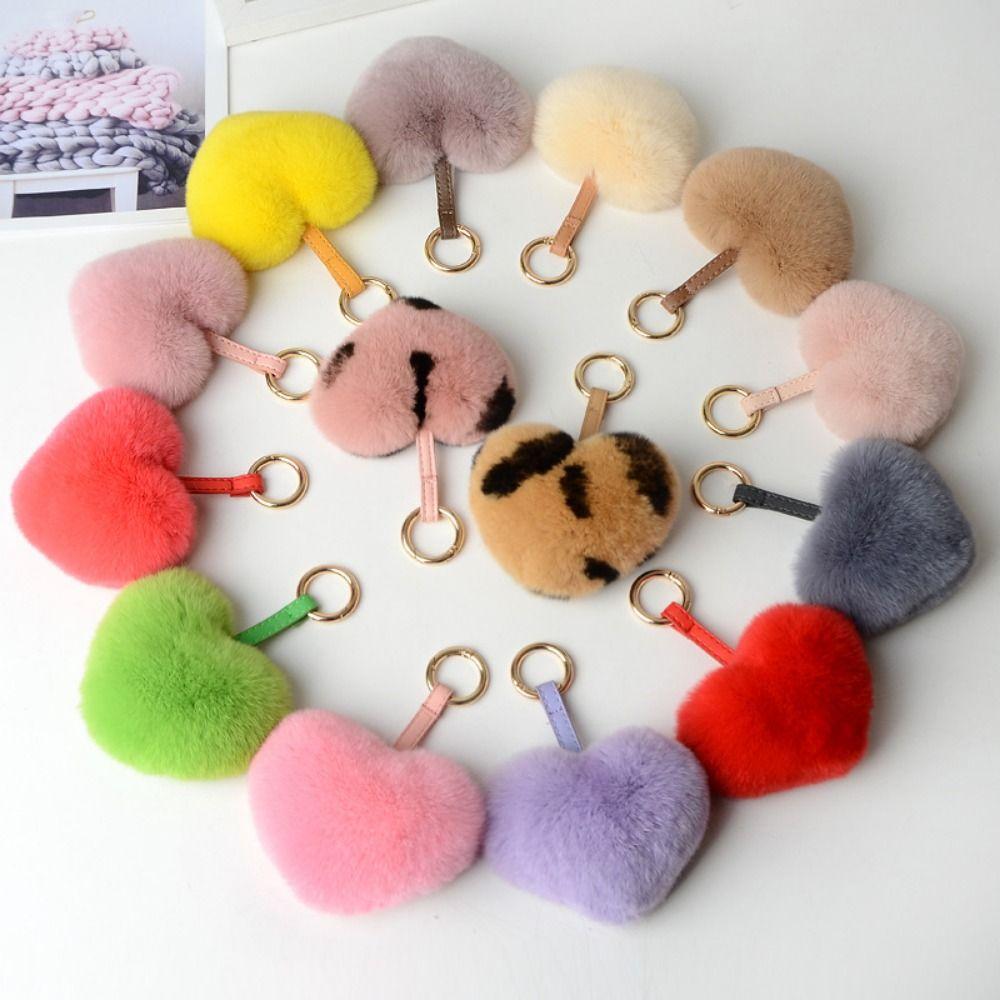 Rex Rabbit Fur Heart Fluffy Fur Keychain Cartoon Design Heart Plush Pendant  Bag Decoration