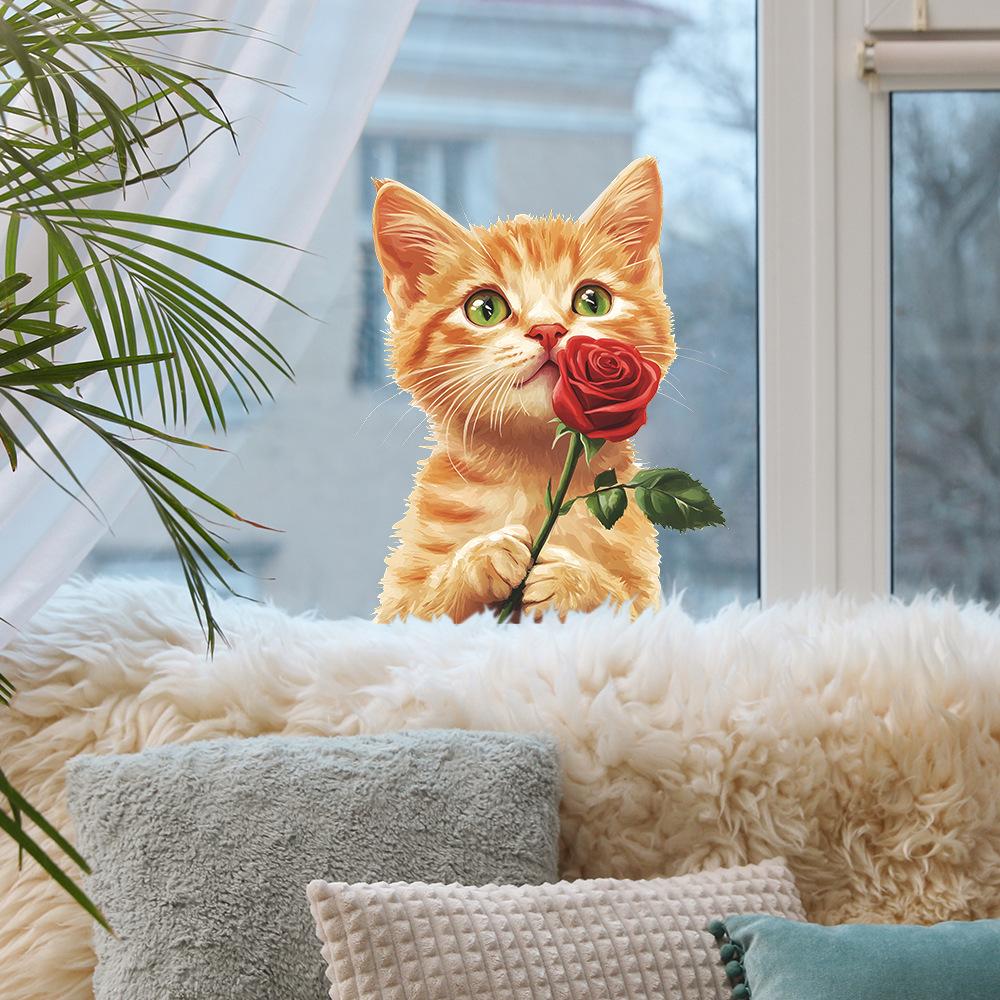 Chat Orange Mignon Roses Balcon Fenêtres en Verre Fond Maison Embellissement Autocollants de Fenêtre