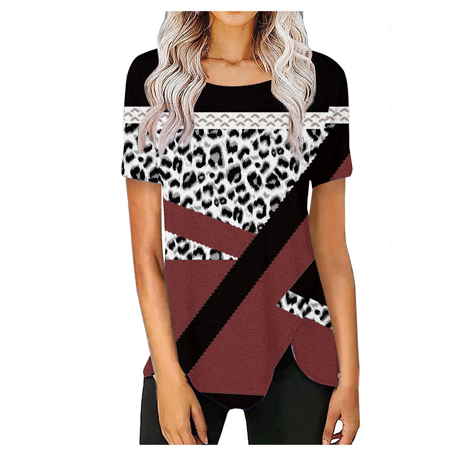 

(SU)Женская мода, повседневная темпераментная свободная футболка с круглым вырезом и коротким рукавом с принтом, топ