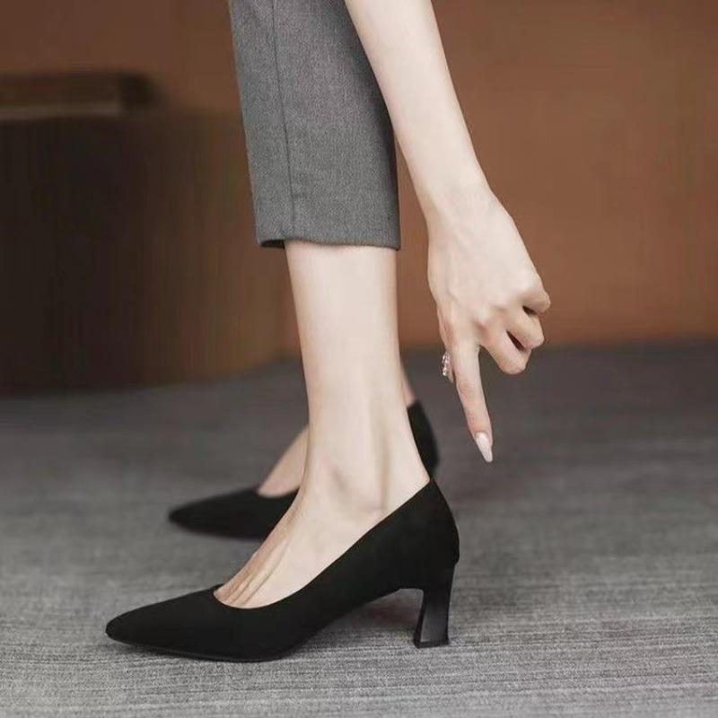 Flock Medium Heels Pumps Shoes for Women 2025 New Spring Thin Heel  Shoe Female Plus Size 43 Versatile Pointed Toe Shoes