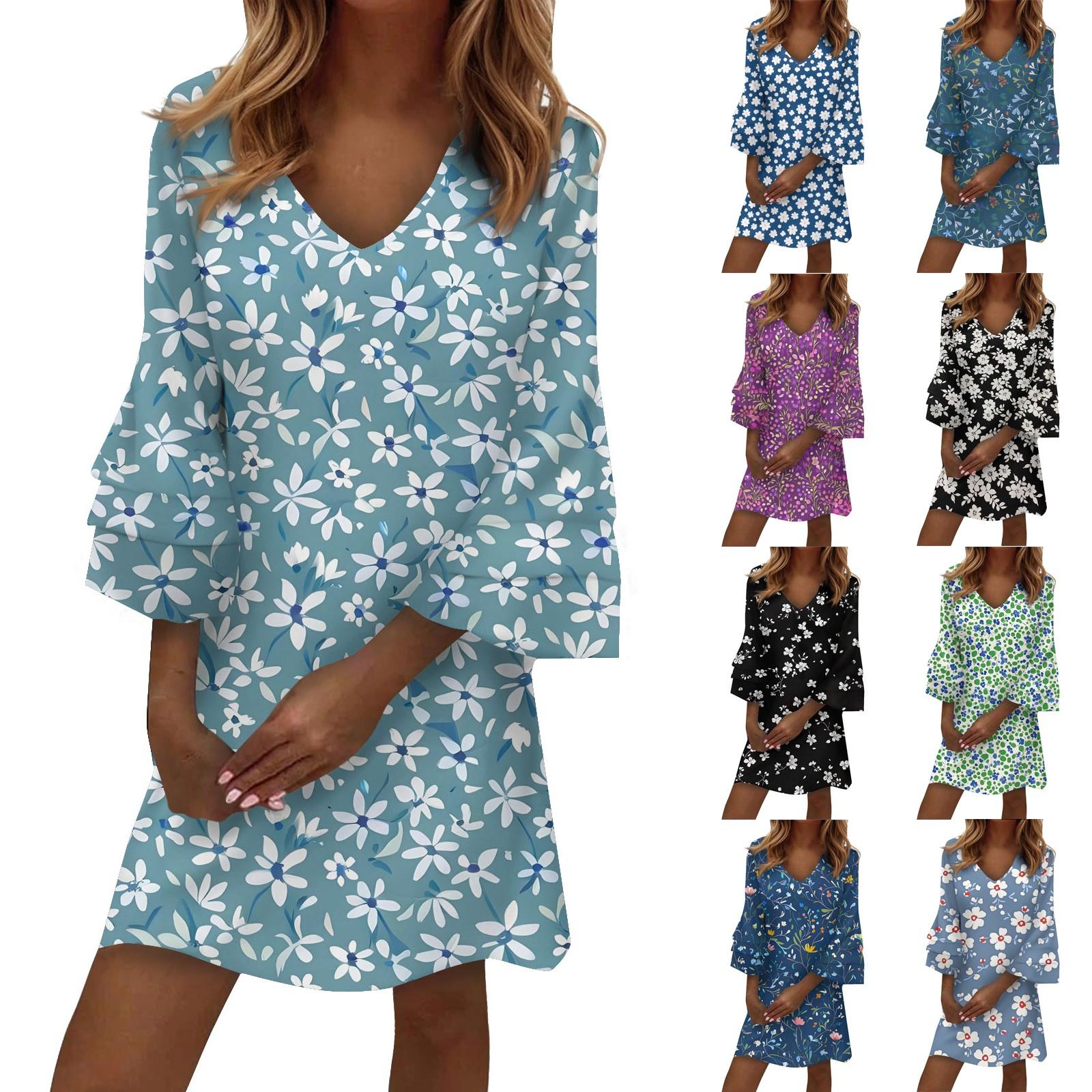 

Women s Fashion V-neck Solid Color Large Size Loose Long Large Swing 3/4 Sleeved Dress XL білий