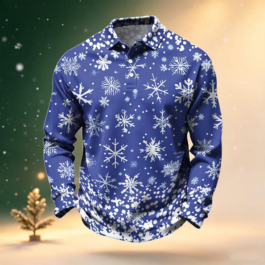 Men's Golf Shirt Long Sleeve Casual Christmas Print Quick-Dry Mesh Top
