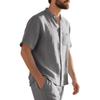 Herr sommar lös passform linne t-shirt enfärgad Henley-hals strand kortärmad skjorta