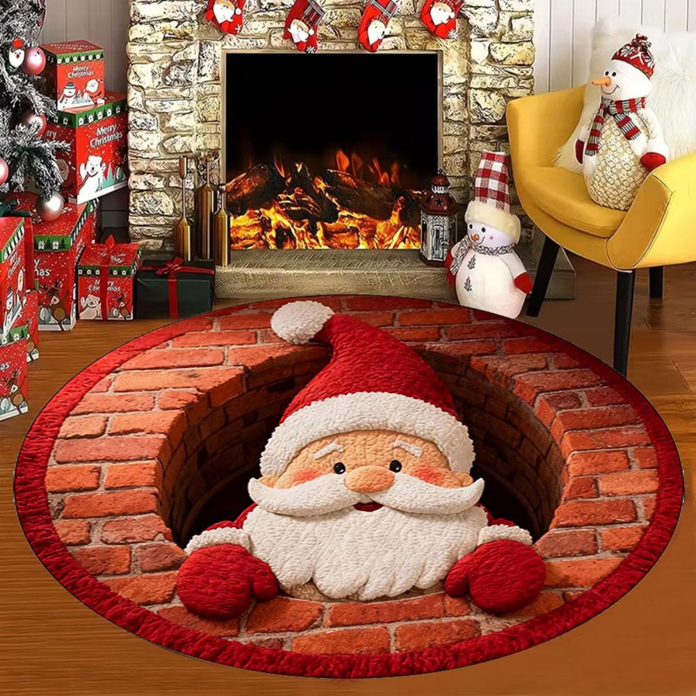 Sofa Side Soft Round Rug Anti Slip Pet Friendly Festive Santa Design Brightens Holiday Decor. Cozy Xmas Home Decor