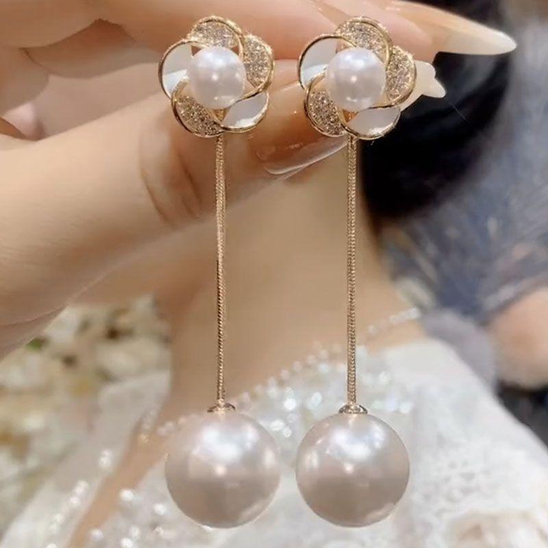 

Sterling Silver Needle Elegant Flower Stud Earrings One Style for Dual-Wear Earrings Long Pearl Tassel Earrings Female 2025 New Arrival Tide Gold
