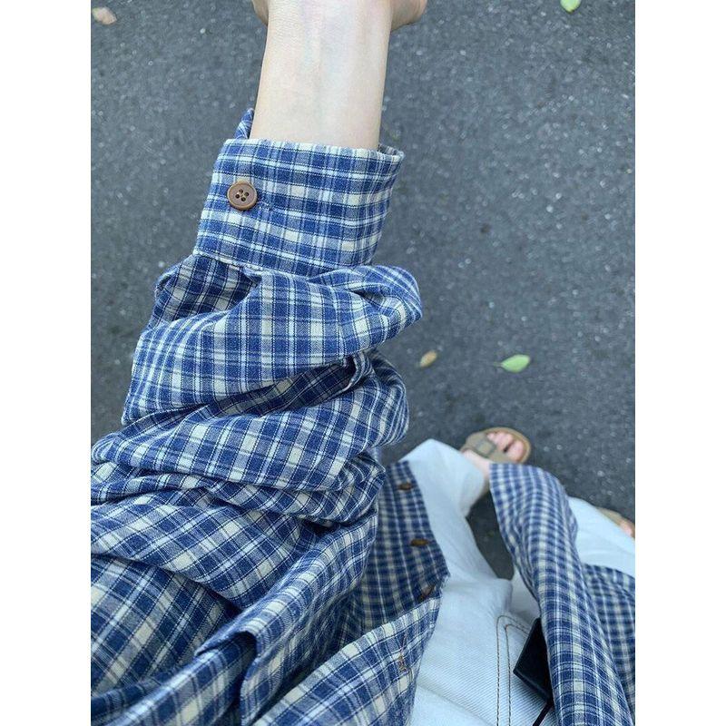 

Синие клетчатые рубашки с длинным рукавом 2025 Новые женские весенне-осенние рубашки Свободный стиль Уличный топ Повседневная верхняя одежда Blue S