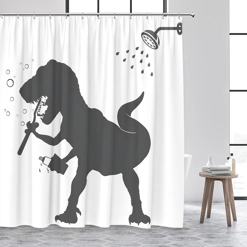 Lustige Katze reitet auf Dinosaurier Duschvorhang Süßes Tier Surfbrett Meereswellen Japanische Landschaft Kinder Badezimmervorhänge Badezimmer Dekoration