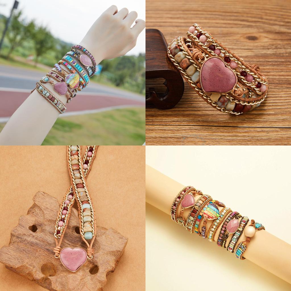 Three Layer Winding Leather Beaded Bracelet With Agate Stones For Women Gift