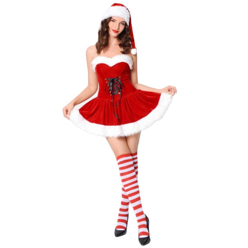 Christmas Costume Women Mrs. Santa Clauses Costume Velvet Dress Stripe Stockings S