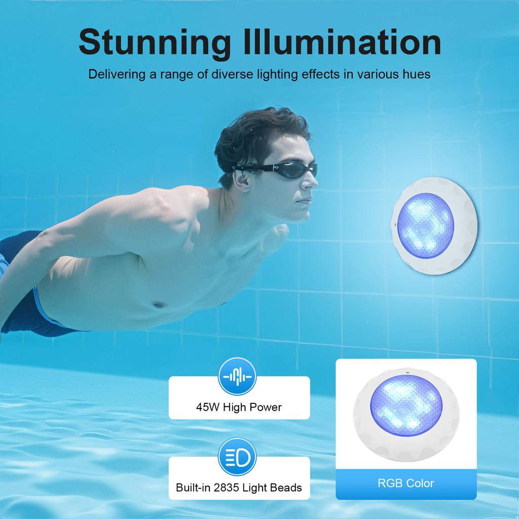 45W RGB LED Swimming Pool Light IP68 Waterproof 3000LM with Remote Control 12 Modes for Outdoor Indoor Pools Spa