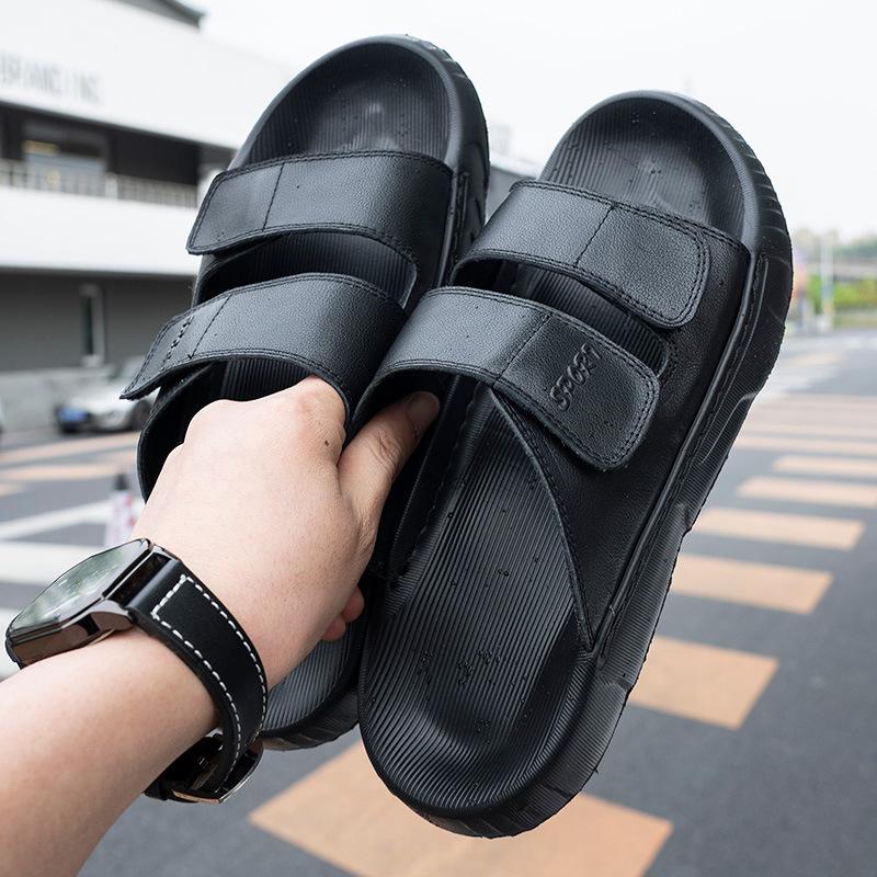 Slippers Men's 2025 Summer New Velcro Tide Brand Beach Slippers Leather Outdoor Wear Casual Street Flip-flops