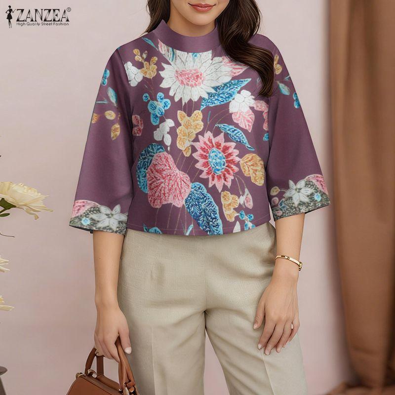 ZANZEA Women Casual Round Neck 3/4 Sleeve Loose Retro Print Blouse