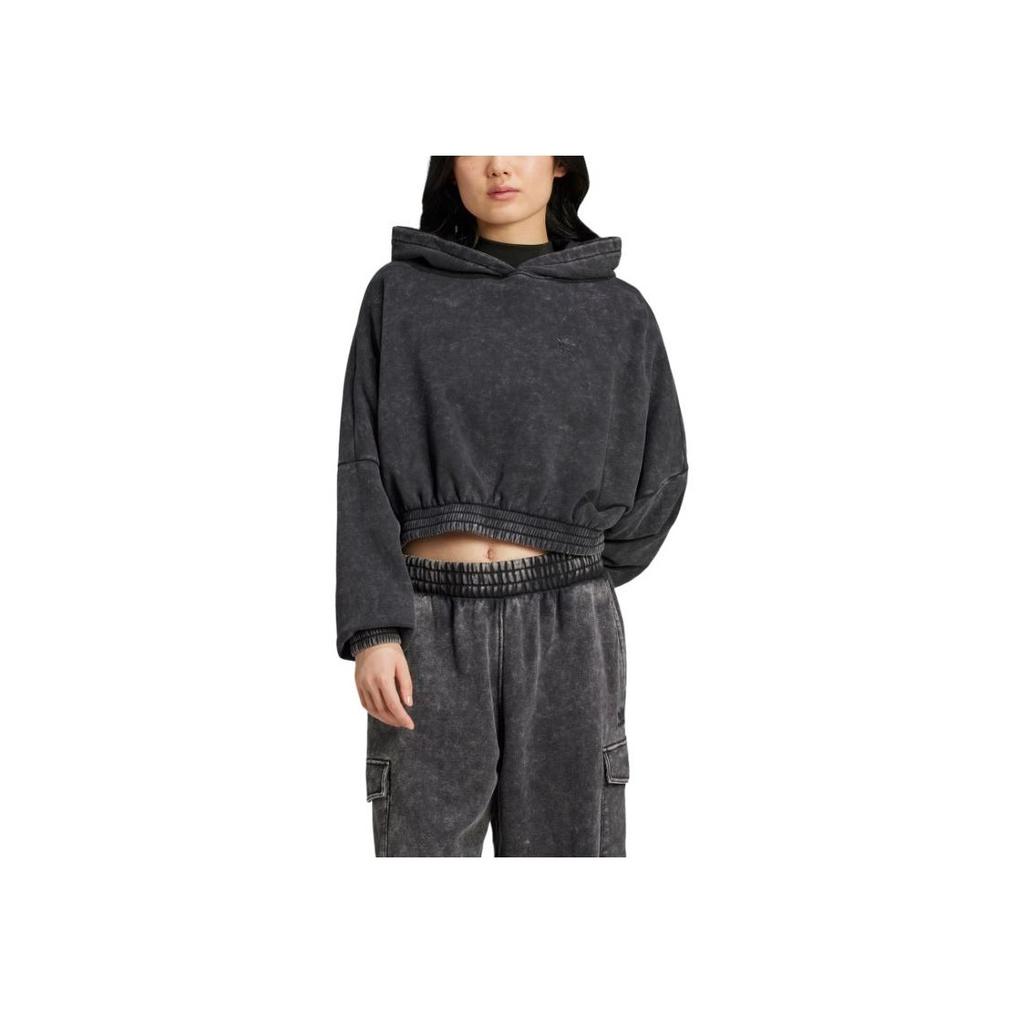 Adidas Originals Crop Hoodie Acid-Wash Solid Color Soft Loose Casual Hooded Long Sleeve Sweatshirt Women Hoodies Black JJ0333
