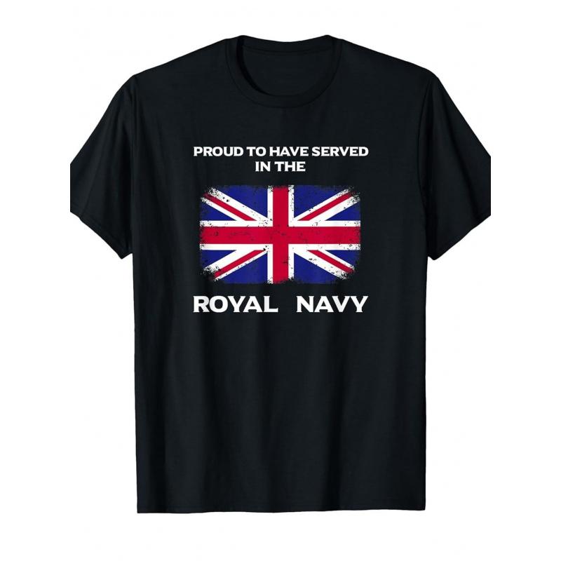Men's British Royal Navy T-Shirt - Union Jack Flag & RN Logo Print, Loose Fit Short Sleeve, Navy Blue & White Retro Tee for Casual Wear, Mens T