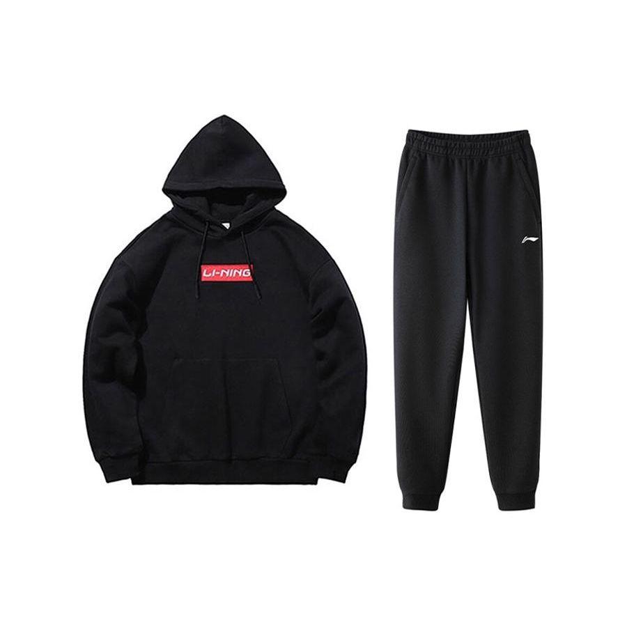 Li Ning Logo Embroidered Fleece Thick Warm Sweatshirt Set Unisex Sweatshirt Black YWDT333-2+AKLT809-1