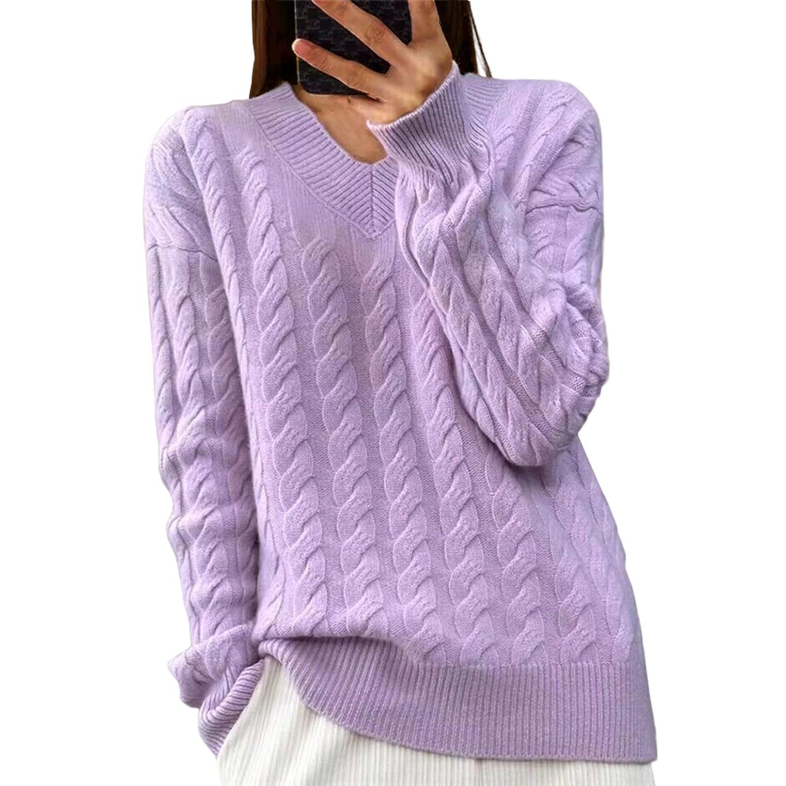 

Жіночий модний однотонний трикотажний пуловер з довгим рукавом і V-подібним вирізом із закрученими квітами, верхній светр M фіолетовий