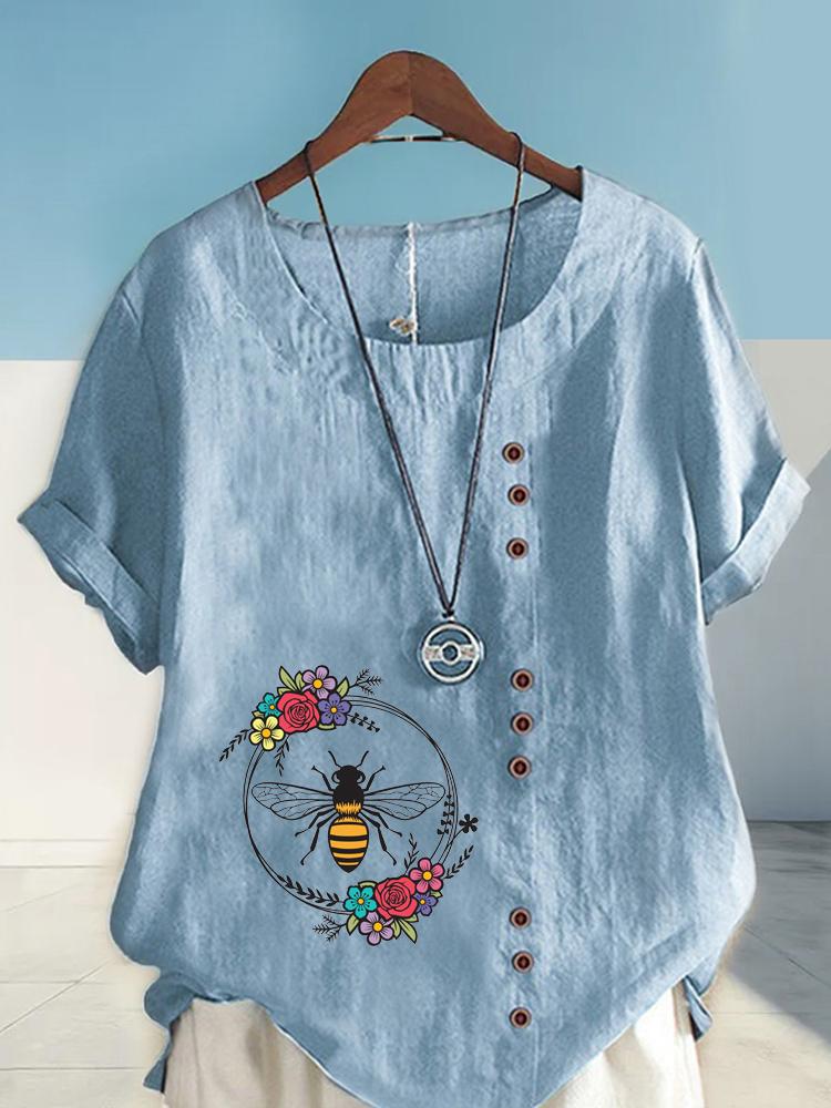 Women's Fashion Bee Flowers Print Shot Sleeve T-shirt Loose Cotton Shirt Casual Loose Summer Blouse Tops Plus Size